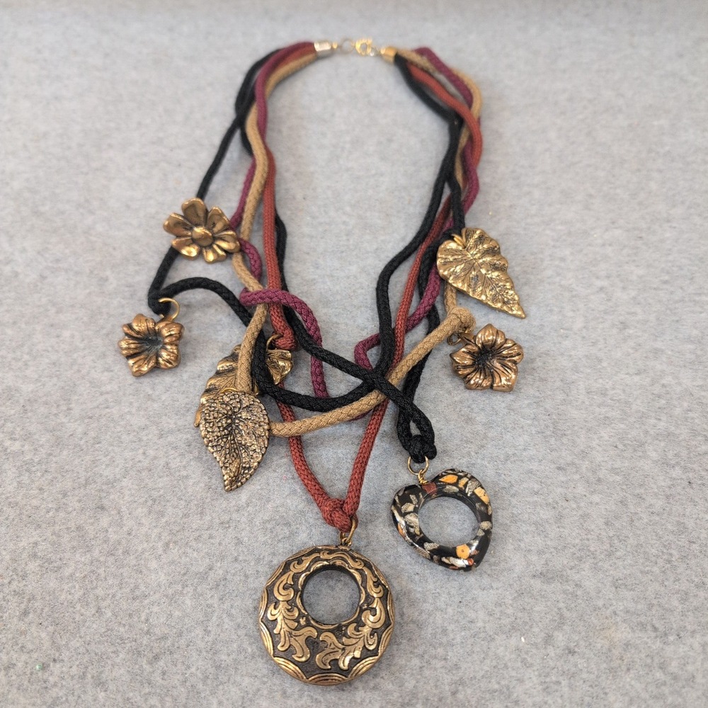 Bohemian Beaded Leaf Flower Heart Charm Multi Strand Necklace - Picture 2 of 8